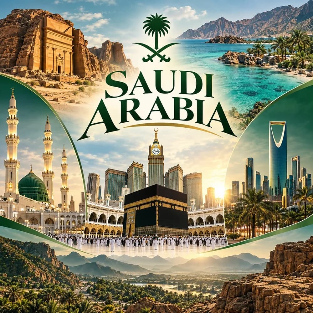 مجموعة صور للمملكة العربية السعودية: الكعبة المشرفة في مكة المكرمة، والمسجد النبوي في المدينة المنورة، والحِجر في العُلا، وأفق الرياض، وساحل البحر الأحمر